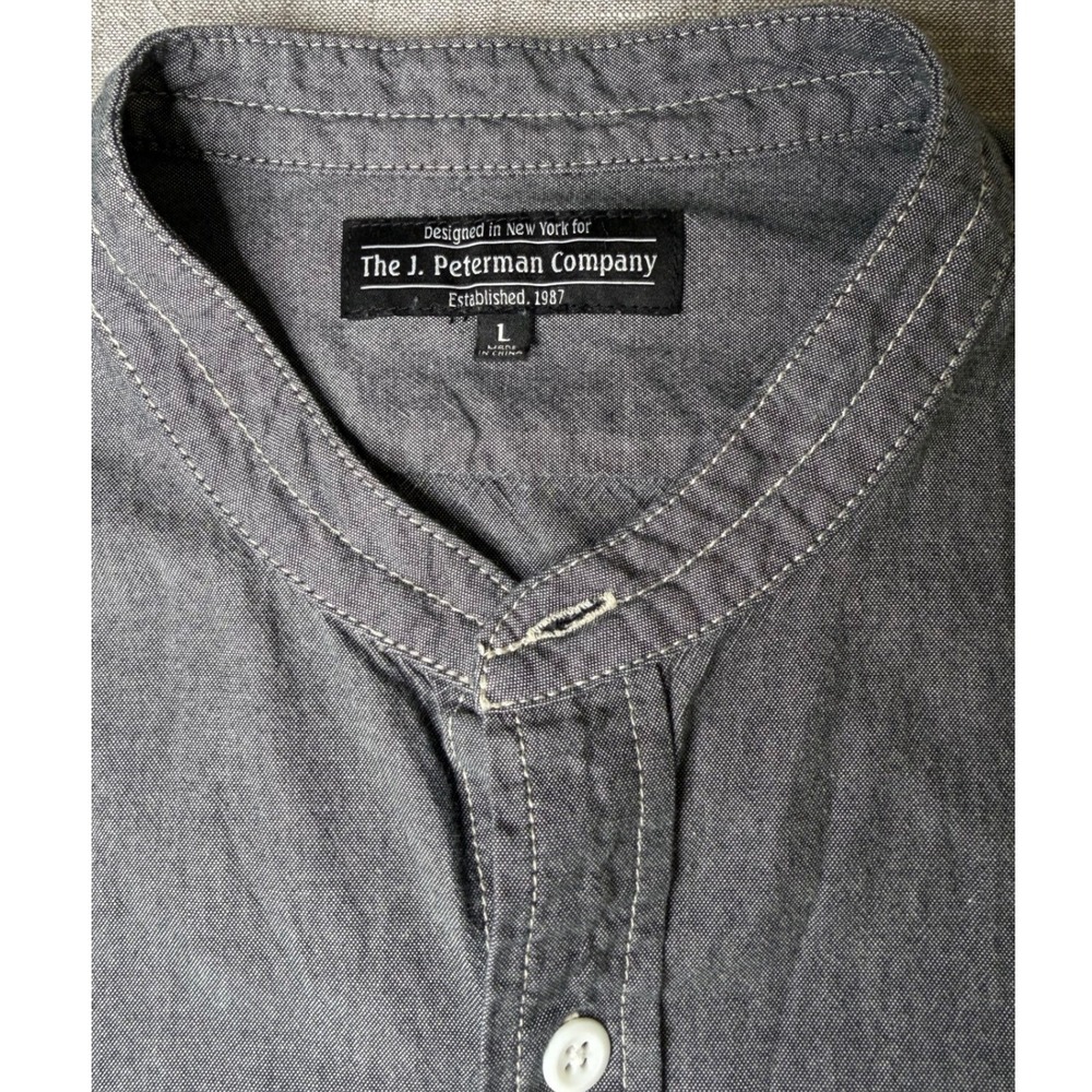 The J Peterman Company Mens L Gray Cotton Chambray Band Collar Long Sleeve Shirt - Picture 3 of 7